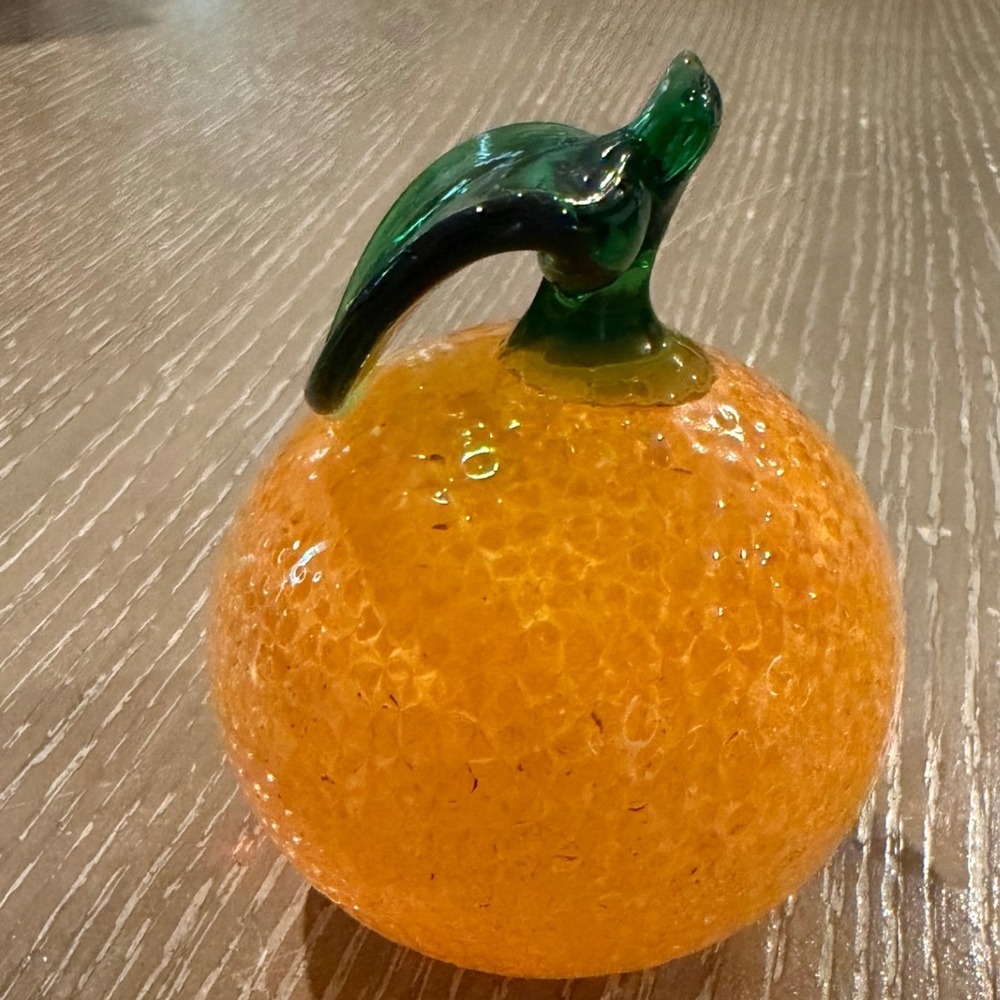 Vintage Orange Art Glass Fruit Figurine Paperweight Green Leaf Stem Home Decor